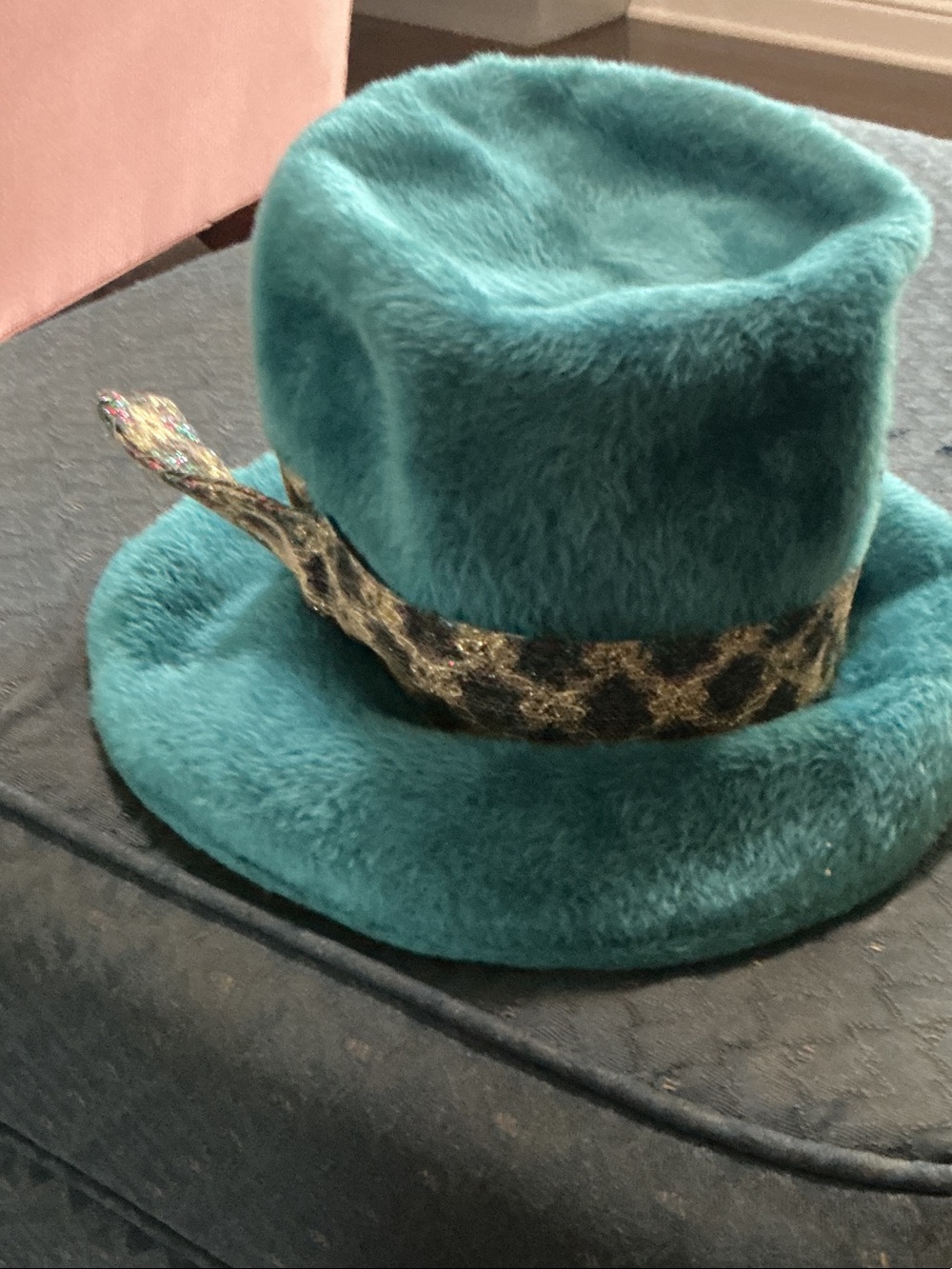 Plush Teal Faux-Fur Women's Fedora with Leopard Band
